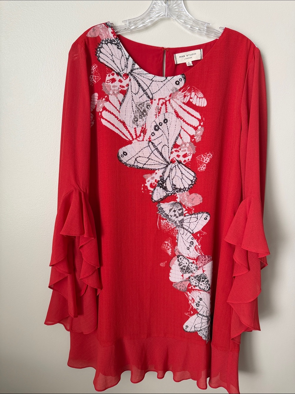 Max Studio Red Butterfly Print Ruffle-Sleeve Dress